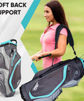 Woman carrying Ultra Lightweight Womens Golf Cart Bag With Dual Handles For Women 14 Way Full Length Top Dividers Large Putter Well Big Pockets For Accessories Easy Carry On Back Or Cart Aqua Grey
