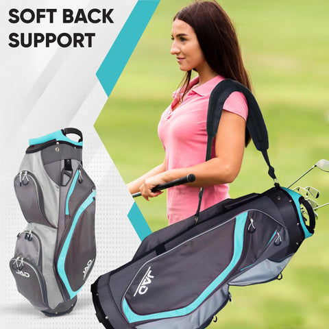 Woman carrying Ultra Lightweight Womens Golf Cart Bag With Dual Handles For Women 14 Way Full Length Top Dividers Large Putter Well Big Pockets For Accessories Easy Carry On Back Or Cart Aqua Grey