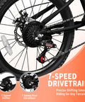 Close-up of 7-speed drivetrain on Kids Mountain Bike 20 and 24 Inch for Ages 6 to 12, showing rear derailleur and disc brake system.