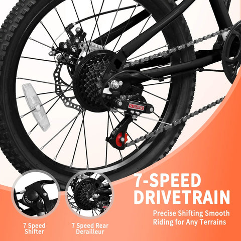 Close-up of 7-speed drivetrain on Kids Mountain Bike 20 and 24 Inch for Ages 6 to 12, showing rear derailleur and disc brake system.