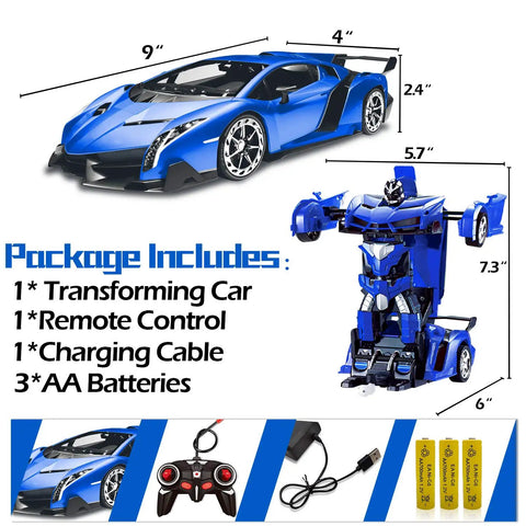 2 In 1 Transform RC Car Robot With Lights, 1:18 Scale, Rechargeable 2.4GHz Remote, 360 Degree Rotation, Kid Gift Set Components