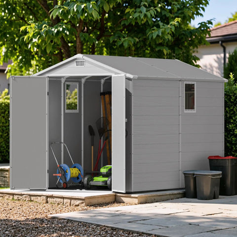 6x10 Ft Plastic Storage Shed with Floor Lockable Door and Windows Waterproof Outdoor Garden Tool Shed in a backyard setting