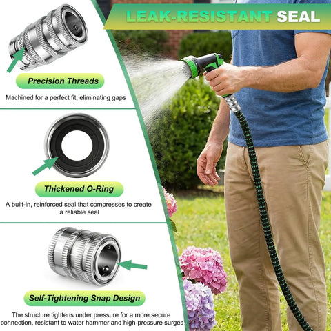 Man using Stainless Steel Garden Hose Quick Connect Fittings Set No Fuss Three Quarter Inch GHT Quick Connectors For Hoses And Sprayers Water Hose Quick Release Connectors Rust Resistant Five Piece with garden sprayer