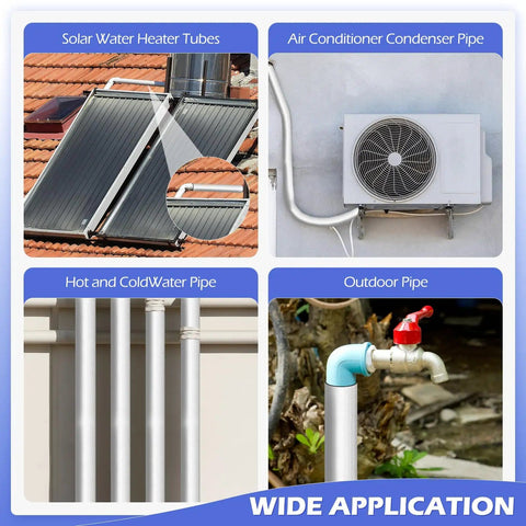 Ten Pack Self-Adhesive Pipe Insulation Sleeve With Pre-Slit Foam And Aluminum Foil Cover shown on various pipe applications