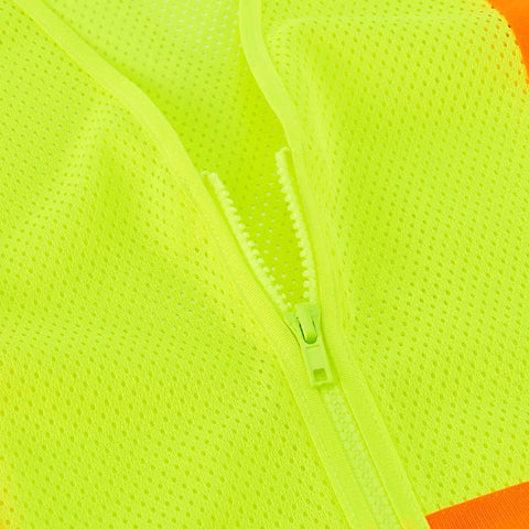 Class Two High Visibility Safety Vest Zip Front Two Pockets Lime Mesh Reflective Workwear showing zipper and breathable mesh fabric.