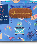 KeepGoing kids travel first aid kit in blue patterned pouch with brown leather patch and HSA/FSA eligible tag