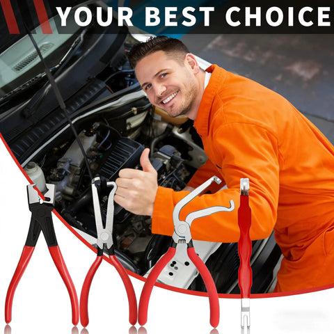 Mechanic with 5 Piece Electrical Disconnect Pliers Kit With Gloves For Quick Release Auto Connector Tool shown with car engine