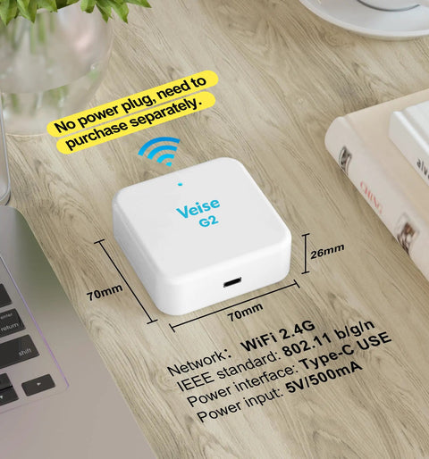 G2 WiFi Gateway For Smart Deadbolts, Remote Control Hub displayed on wooden table with size and specs details.