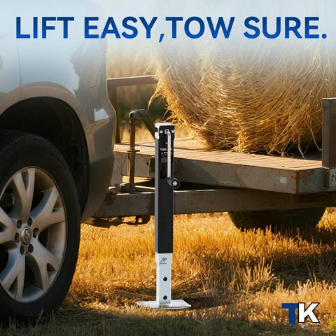 8000 Lbs Square Trailer Jack With 15 Inch Lift And 12 Inch Adjustable Drop Leg installed on a trailer, lifting trailer
