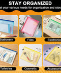 Large Mesh Zipper Pouch Bags 5 Pack Grab And Go Waterproof Clear Storage Pouches 13.2 x 9.4 Inches Assorted Colors displayed with items