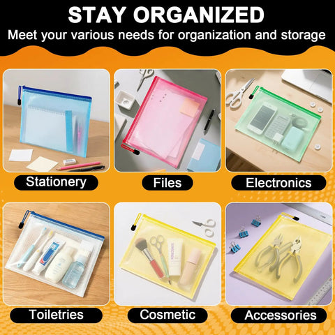 Large Mesh Zipper Pouch Bags 5 Pack Grab And Go Waterproof Clear Storage Pouches 13.2 x 9.4 Inches Assorted Colors displayed with items