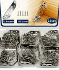 Heavy Duty Stainless Steel L Brackets With Two Dozen Solid Corner Mounts And One Twenty Self Tapping Screws in a clear storage box.