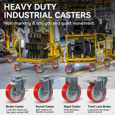 4 Inch Heavy Duty Caster Wheels Set Of 4 With Brakes 1600 Lb Load Capacity Polyurethane On Cast Iron in industrial setting