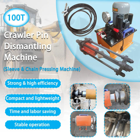 Beefy 100 Ton Hydraulic Pin Press For Excavators With All In One Sleeve And Chain Integrated System, 220V 1500W Electric Pump Dismantling Tool For Track Pin Repair And Machinery Maintenance. 100T crawler pin dismantling machine with pump, hoses, and press frame
