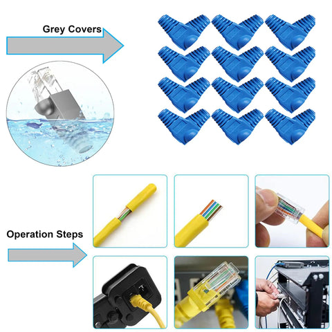 Straight Up Pro RJ45 Crimping Tool Kit with Cat5 Cat6 Cable Tester features blue RJ45 connector covers and operation steps for LAN setup.