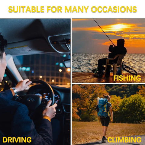 Collage showing driving, fishing, and climbing activities suitable for Night Driving Glasses For Men And Women Anti Glare Polarized Yellow Lenses With HD Night Vision Wrap Around Fit Over Glasses Kills Headlight Glare And Boosts Nighttime Clarity.