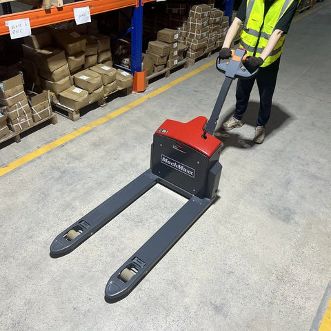 MechMaxx 3300lb Lithium Electric Pallet Jack in use, focusing on ergonomic design, 45x27 inch forks in a warehouse setting.