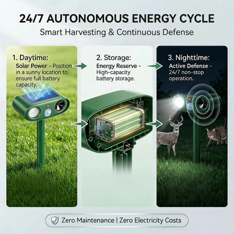 Solar Powered Ultrasonic Deer Repellent Outdoor Deterrent With Motion Sensor Strobe Light That Keeps Rabbits Cats Raccoons Squirrels Out Of Your Garden Yard And Farm Landscaping Protecting Plants In Style 2Pack, solar unit diagram