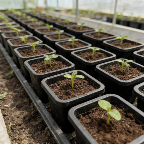 Two Inch Square Seedling Pots Pack Of 50 Dual Color Clear And Black With Drainage Holes For Seed Germination Root View And Light Blocking Ideal For Indoor Starts On Windowsills displaying sprouting plants in black pots.