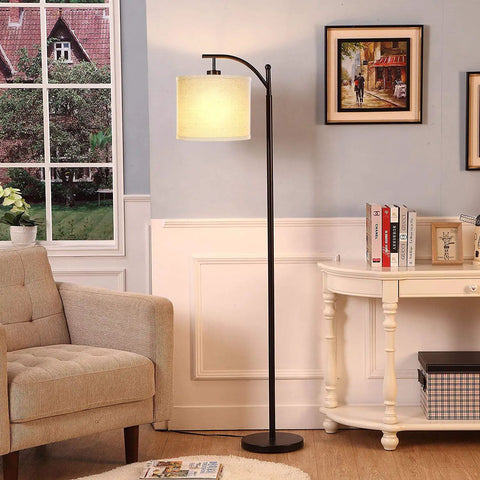 Arc Shaped LED Floor Lamp With Hanging Shade For Living Rooms And Offices Sleek Modern Lighting With Sturdy Marble Base Lit Reading Light Mid Century Farmhouse Style Black in a living room corner