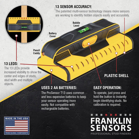 Infographic showcasing ProSensor T13 13 Sensor Stud Finder for wood and metal walls with built-in bubble level and USA flag logo