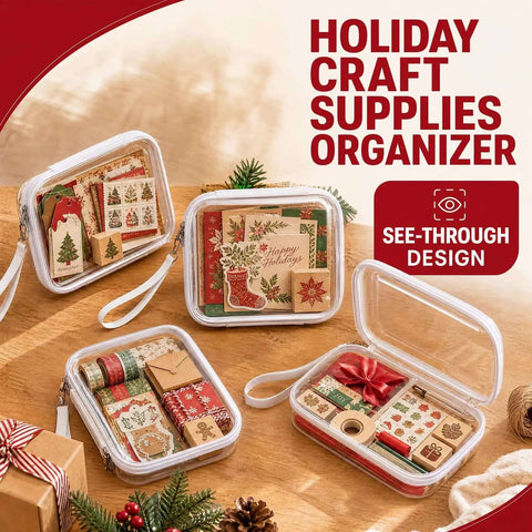 Clear Hard Shell Zipper Cases 4 Pack On The Go Travel Organizer With Wrist Strap White Hella Durable Cosmetic Pouch And Toiletry Bag A Straight Up Lifesaver For Makeup Skincare Cable Sorting, displaying festive craft supplies.