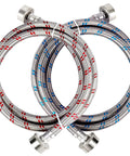 Two braided stainless steel washing machine hoses, 4 ft long, red and blue stripes, with metal fittings.