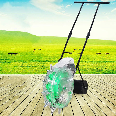 Hand Push Seeder Manual Seeding Machine With Fertilizer Applicator 12 Nozzles on a wooden deck with a field backdrop