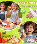 46-piece kids knife set for pretend cooking with cutting board; white plastic knives shown with kids and fruit outdoors