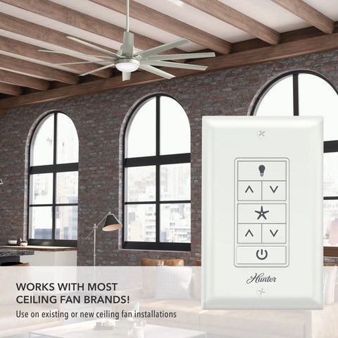 Universal Ceiling Fan Wall Control Switch With Full Range Light Dimmer That Makes It A No Brainer To Dial In Fan Speed And Light Level In One Indoor Unit Fits Standard Wall Boxes White installed in modern living room.