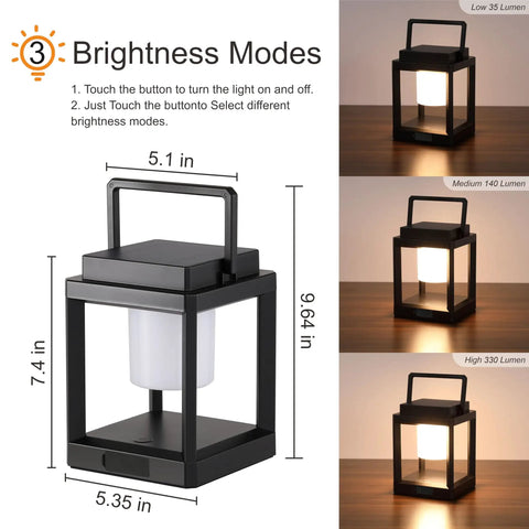 Outdoor Table Lamp With Bright LED Light, showing size and brightness modes, solar powered rechargeable lantern for patio decor.