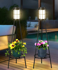 2 Pack Solar Floor Lamps With Plant Stands For Outdoors, Waterproof Solar Powered Garden Lights on patio by pool at night
