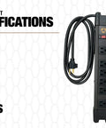 Heavy Duty Magnetic 6 Outlet Metal Power Strip With 6 Foot Cord shown with measurements and UL certification