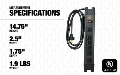 Heavy Duty Magnetic 6 Outlet Metal Power Strip With 6 Foot Cord shown with measurements and UL certification