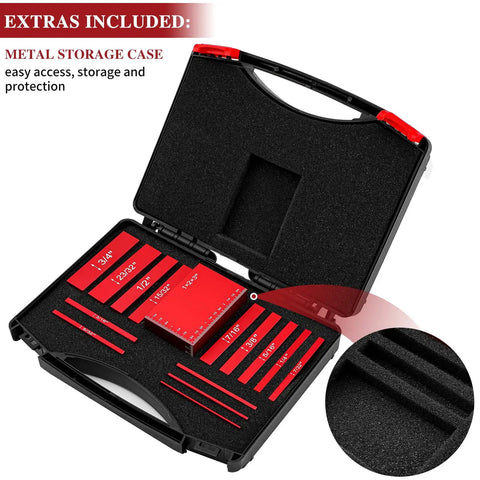 Pro Grade Setup Blocks Height Gauge Set With 15 Solid Aluminum Router Table Fence Bars in a sturdy storage case, open view