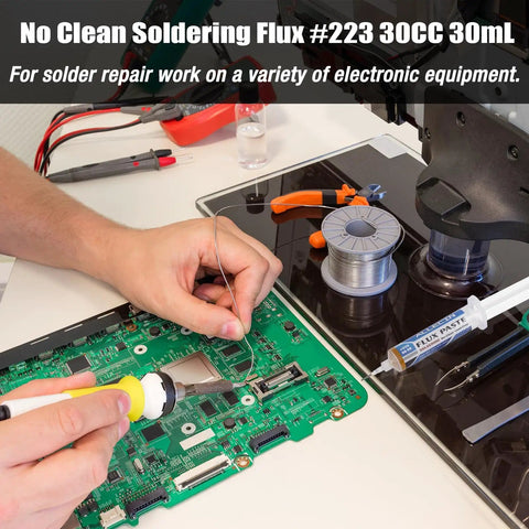 Person using No Clean Soldering Flux 223 High Viscosity Solder Paste 30cc for electronics assembly on circuit board