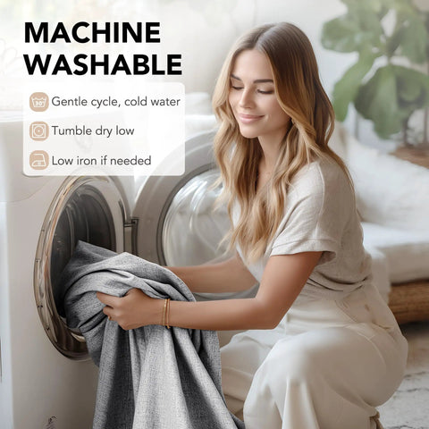 Woman placing faux linen look 100% blackout curtain panels into a washing machine, demonstrating machine washability.