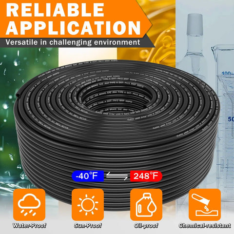 Coiled DOT Approved PA12 Nylon Pneumatic Tubing One Quarter Inch Outer Diameter Air Line For Semi Trucks Trailers And Industrial Air Systems Five Hundred Feet Long 152 M Heavy Duty All Purpose High Temperature Flexible Corrosion Resistant SAE J844 Ready with temperature range labels.