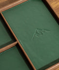 Full Grain Leather Catchall Tray Set For Nightstand And Entryway, Multi Tray Valet Organizer in durable green finish on wood surface
