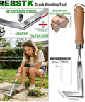 L Shaped Double Sided Beech Handle Stainless Steel Crevice Weeder Manual Weeding Tool displayed with ergonomic handle design
