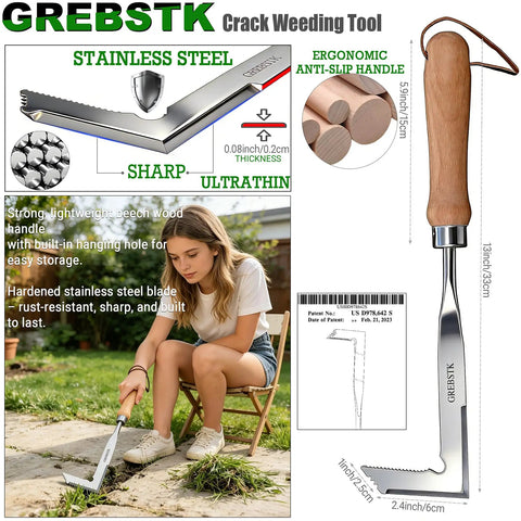 L Shaped Double Sided Beech Handle Stainless Steel Crevice Weeder Manual Weeding Tool displayed with ergonomic handle design