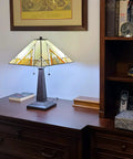 Stained Glass Mission Table Lamp In Tan Brown Finish, Totally Timeless Vintage Vibe, 23 Inch Tall Nightstand Light on table