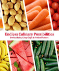 Front collage of fresh produce (potatoes, carrots, tomatoes, bananas, watermelon, cucumbers) with a white banner.