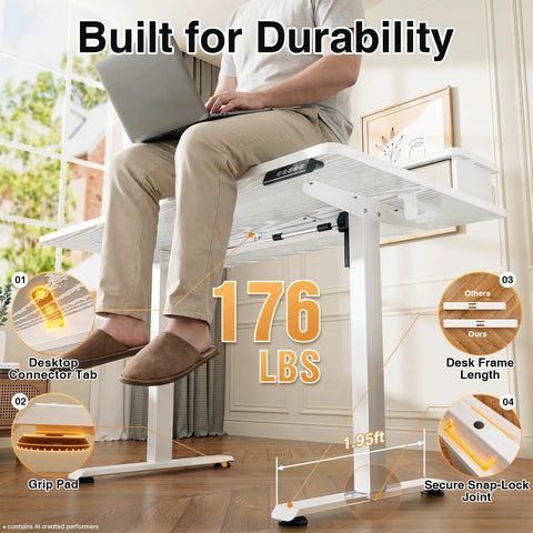 Solid Build Electric Standing Desk With 55x26 Inch Adjustable Height And Clean White Finish displaying a user typing, showcasing durability.