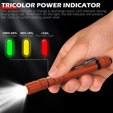 Hand holding rechargeable pen light flashlight with clip, 400 lumens, showing 3-color battery indicator and beam