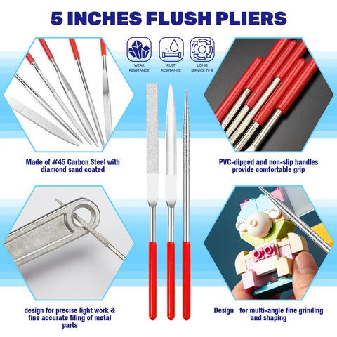 23 Piece Hobby Model Building Tools Kit For Gundam Builders with carbon steel files and non-slip handles for precise work.