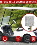 Heavy Duty DC To DC Step Down Converter Turns 48V Or 36V To 12V At 240W 20A Output close-up shown near golf cart, aluminum housing.
