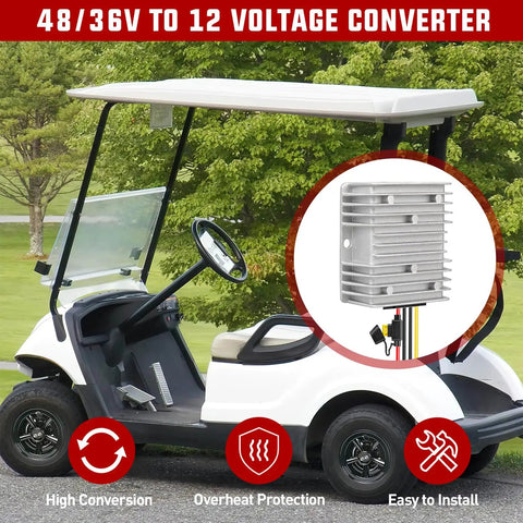 Heavy Duty DC To DC Step Down Converter Turns 48V Or 36V To 12V At 240W 20A Output close-up shown near golf cart, aluminum housing.