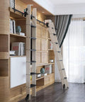 Rustic Black Sliding Library Ladder Hardware Kit with Track System and Brake Wheels, No Ladder Included, installed in home garage or library storage, durable slick carbon steel build, easy DIY install