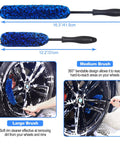 12Pcs Wheel Brush Kit For Cleaning Wheels And Tires With Bendable Rim Brushes in use, showing dimensions and application on tire